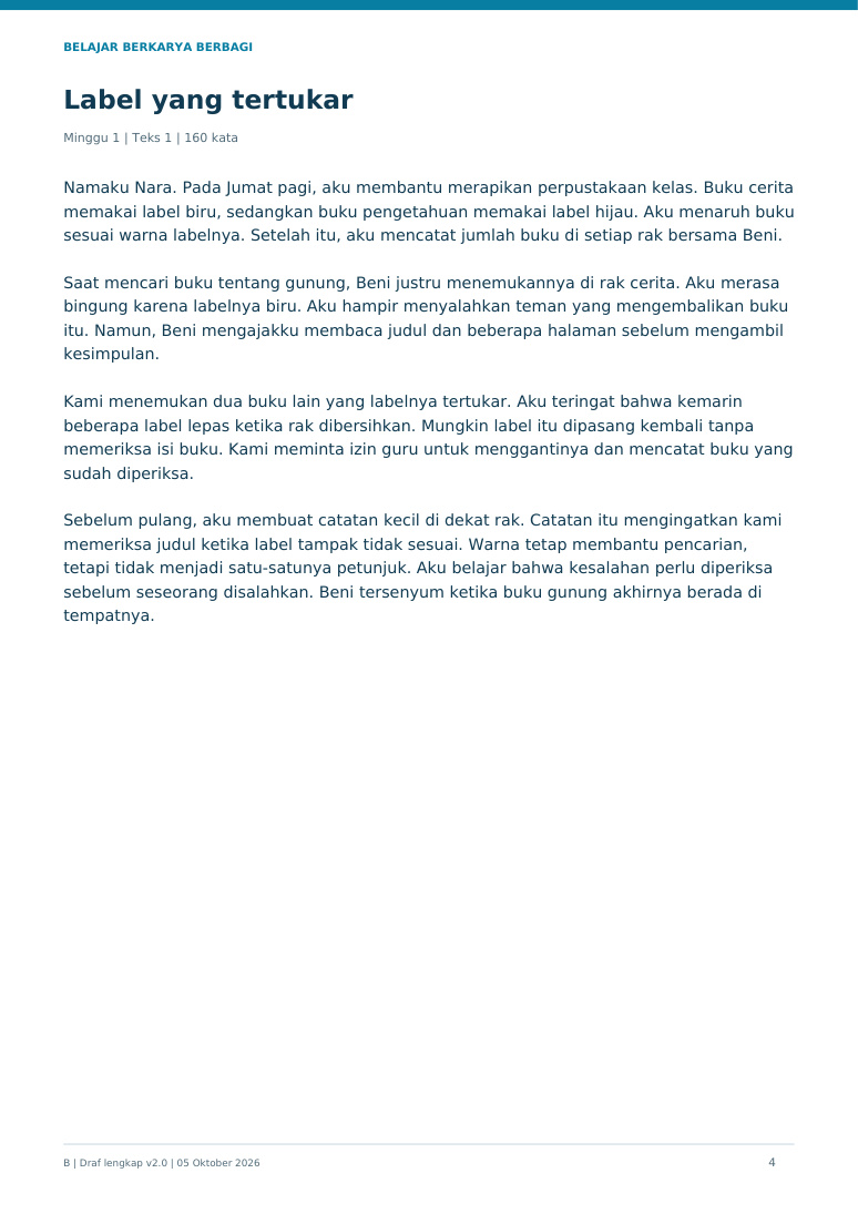 Teks cerita Label yang tertukar dari buku Bahasa Indonesia bulan pertama